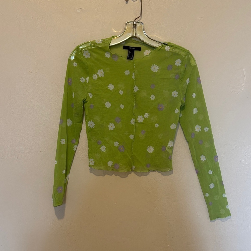 Forever 21 Lime Green Floral Long Sleeve Top